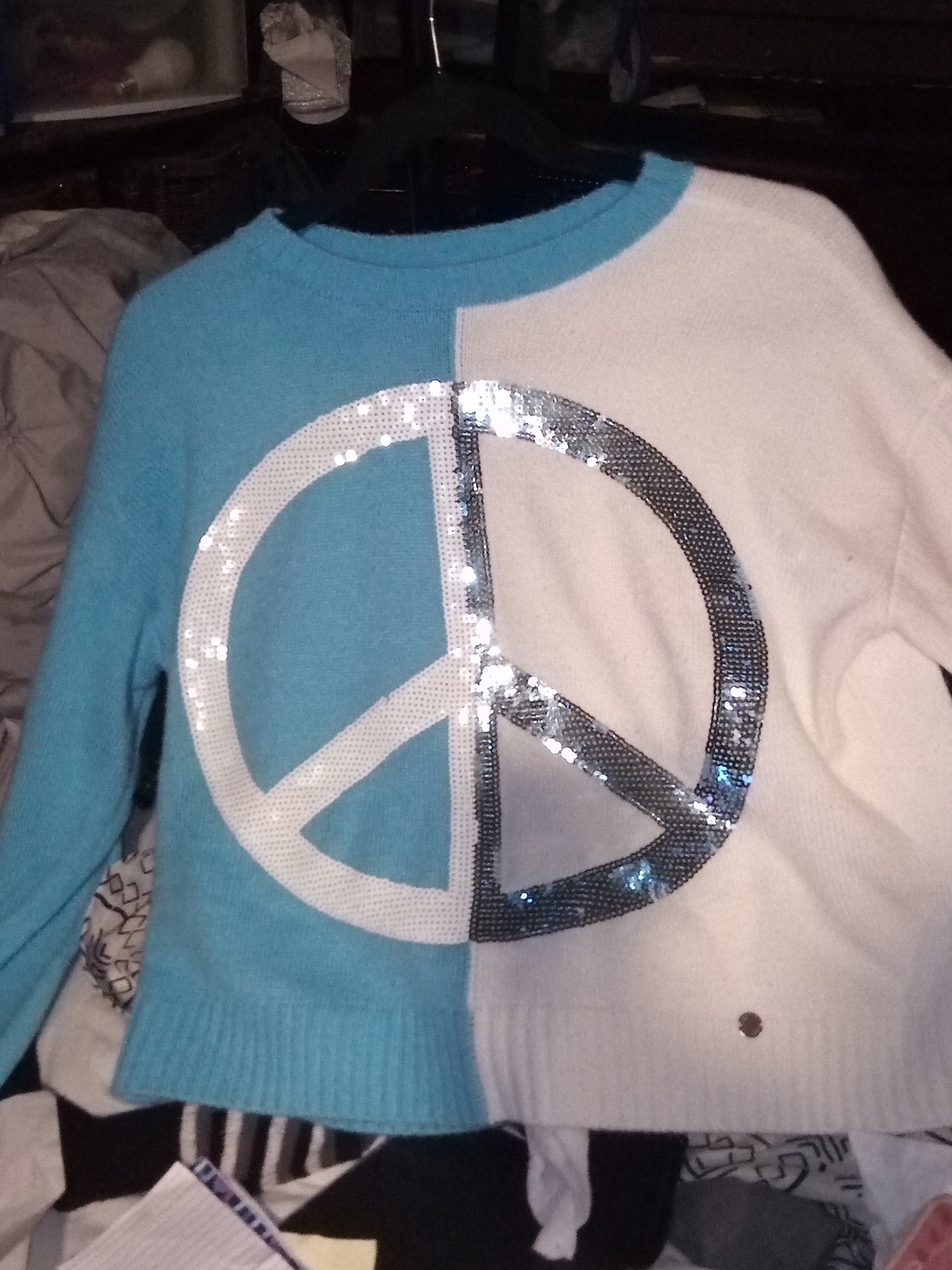 Justice Blue & White Sequin Peace Sign Sweater